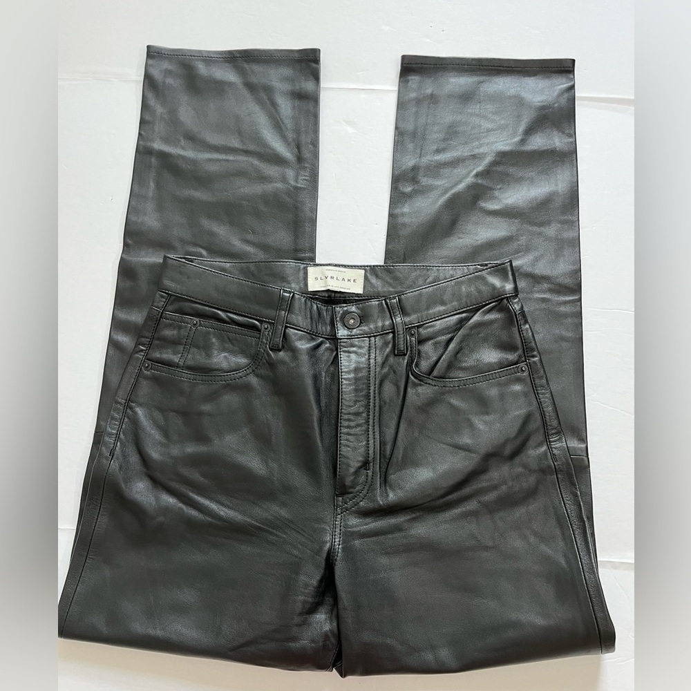 Slvrlake Lambskin Black Leather High Rise Straight Leg Pants Size 28